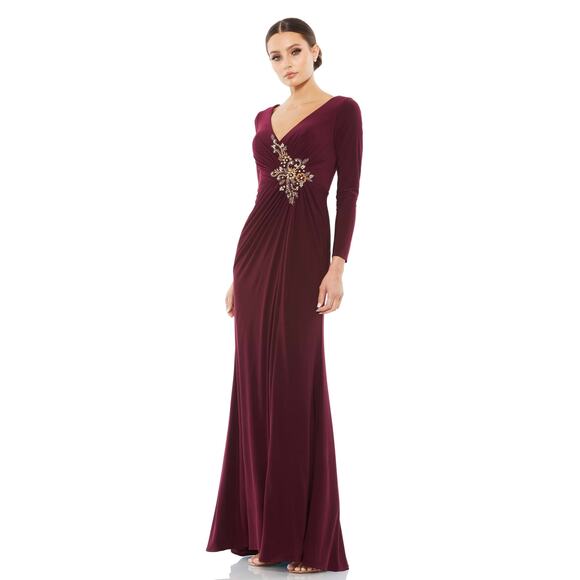 Mac Duggal Gown Burgundy V-Neck Long Sleeve Crystal Floral Embellished Sz 4 - Picture 1 of 12